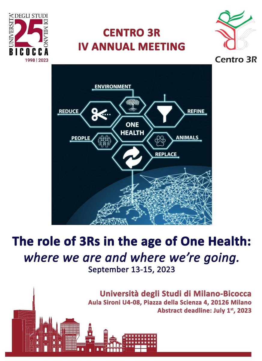 we are glad to announce the IV annual meeting of the Centro 3R "The role of 3Rs in the age of One Health: where we are and where we’re going" held at the <a href="/unimib/">Università degli Studi di Milano-Bicocca</a>, 13-15 Sept. Further details are available at this link: centro3r.it/it/events/iv-c…