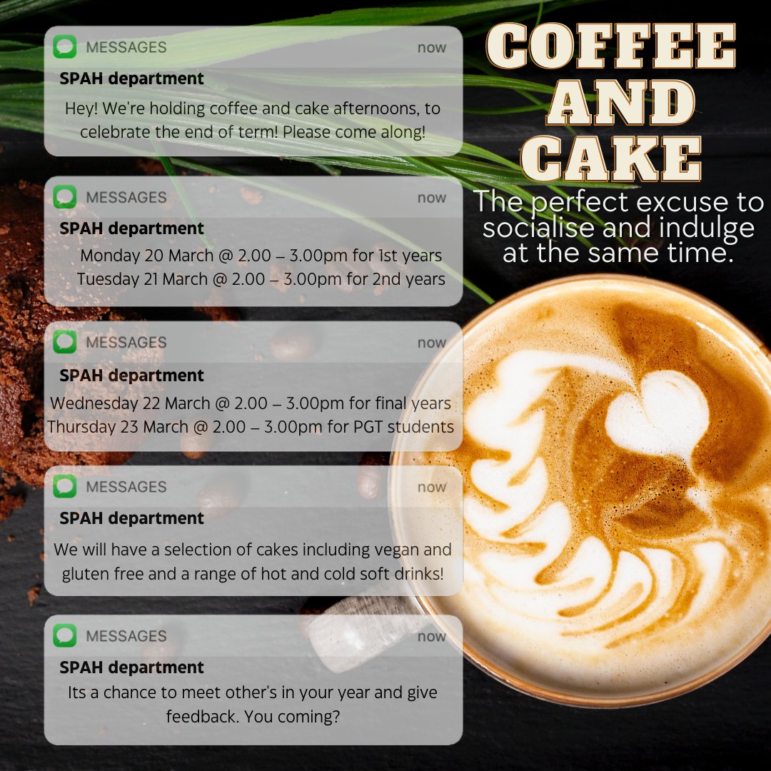 ISC_Essex's tweet photo. Free coffee? Free cake? Sorted.

Join us in the SPAH and ISC common room to celebrate the end of term and share your feedback on the department. We can't wait to hear your thoughts over a cup of coffee and a slice of cake! 

Check out the times and dates for your year below! https://t.co/IgfUXnegYX
