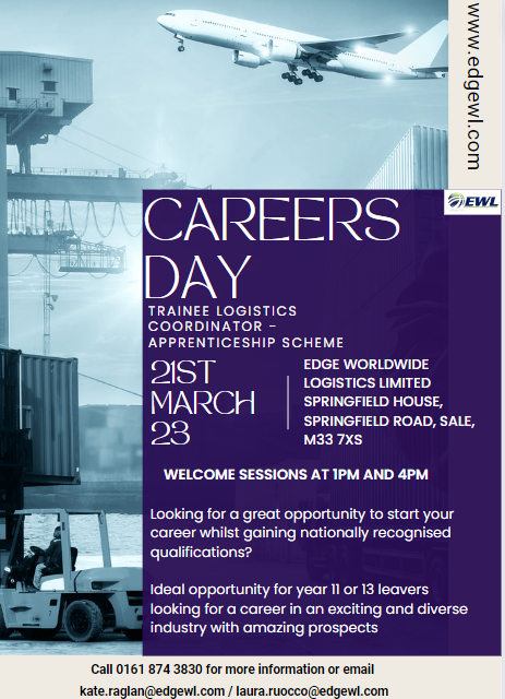 Edge Worldwide Logistics is hosting a Careers Day on the 21st March with opportunities to join the team - ideally suited for those leaving year 11 or 13.

They'll be offered an apprenticeship scheme which can lead to securing employment on completion.

#M33
#nationalcareersweek