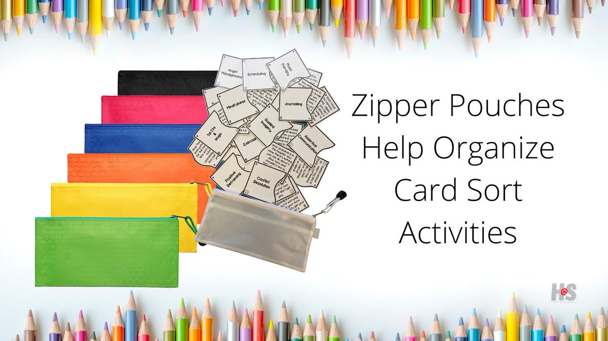 Card sort activities are a great, student-centered way to introduce health skills. I invested in zipper pouches to color code &amp; organize my card sorts. Learn more at: gethealthatschool.com/budget-zone/