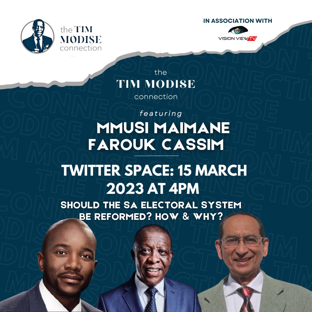 VisionViewTV_'s tweet image. The general elections will be held in 2024 and the clock is ticking fast.
Should the electoral system be reformed? How and why ?
@faroukee and @mmusimaimane join @TimModise twitter space this afternoon at 4pm.🎙
#visionviewtv #thetimmodisenetwork #thetimmodiseconnection