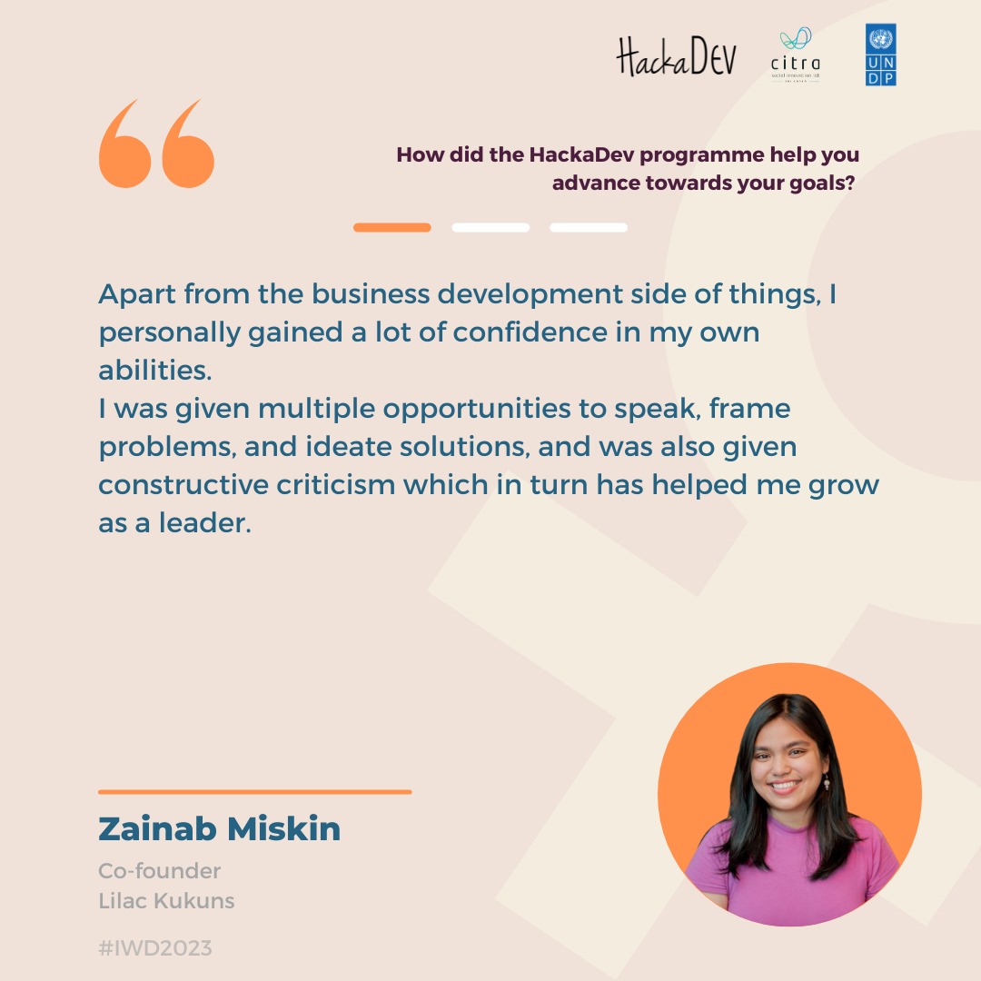 CitraLabLK's tweet photo. Support networks play a crucial role in advancing an enterprise's business goals, which in turn have a transformative impact on eco dev. Entrepreneur Zainab M, shares her experience of how the #HackaDev prog has helped in her own dev, &amp; her message to aspiring women entrepreneurs https://t.co/cye3p0MUZl