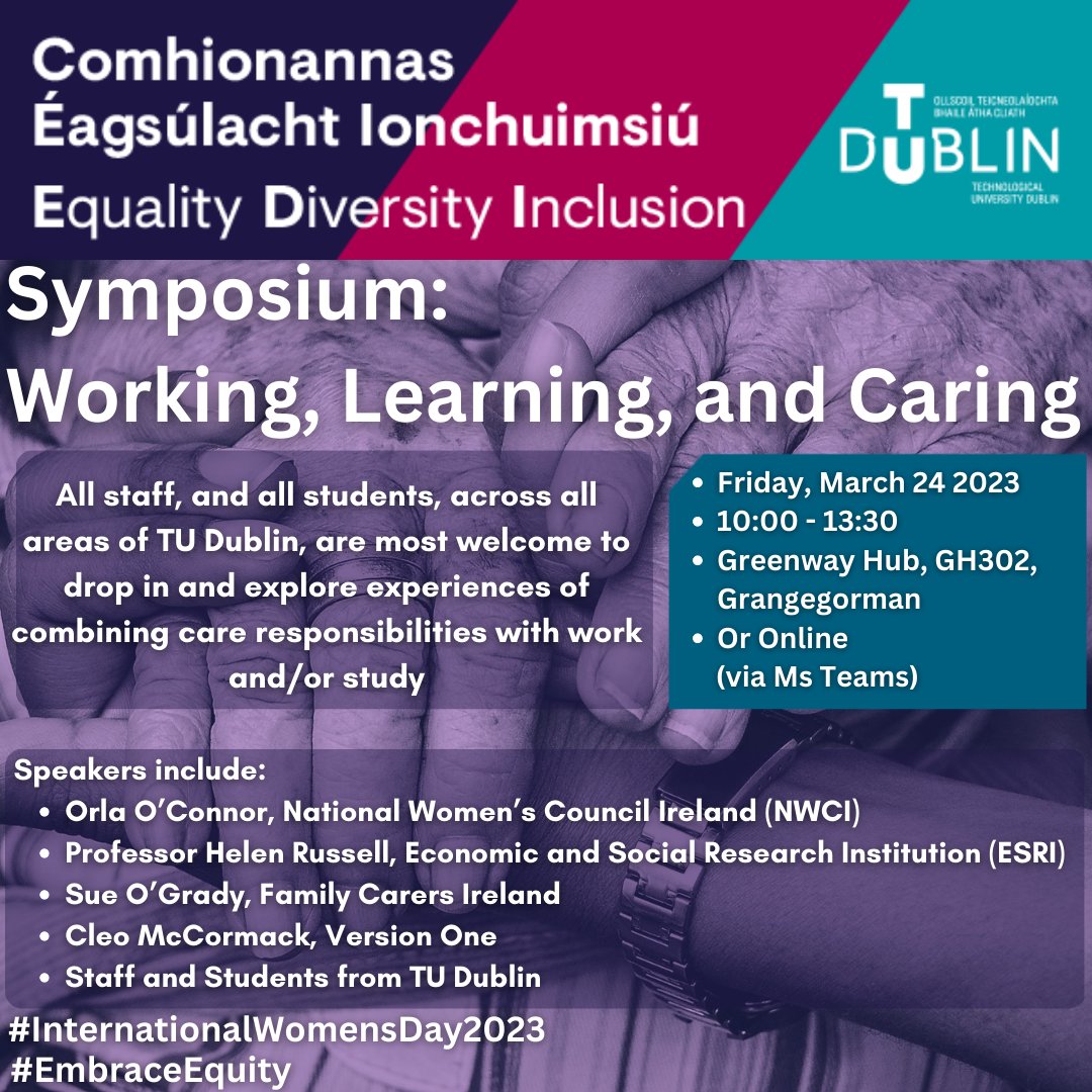 In celebration of International Women’s Day 2023 we will be hosting a Symposium on ‘Working, Learning, and Caring'
Friday, March 24
All Welcome!
Free Registration + more info: eventbrite.ie/e/symposium-wo…