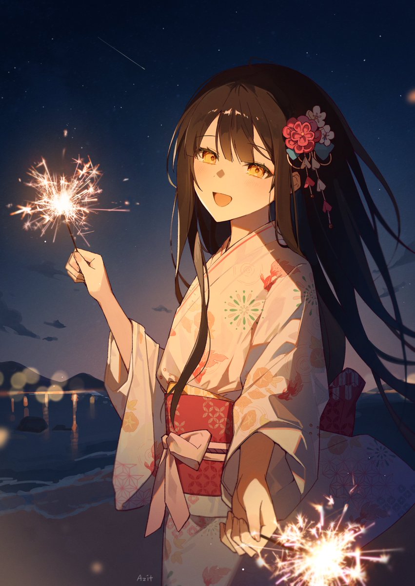 1girl fireworks japanese clothes kimono solo long hair hair ornament  illustration images