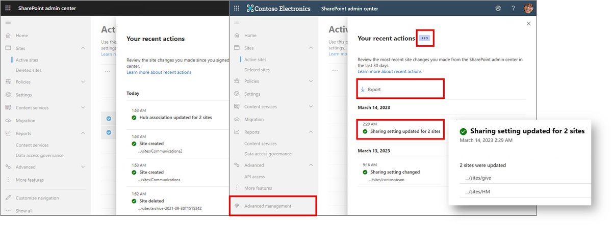 The new Recent Actions panel in #SharePoint admin shows changes you made in the last 30 days. Currently available with/without SharePoint Advanced Management (SAM). SAM features: 🟧Export actions to CSV 🟧Expand bulk update actions to see list of sites learn.microsoft.com/en-US/sharepoi…