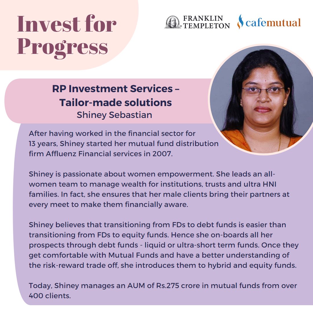 cafemutual's tweet photo. Shiney Sebastian shares her inspiring story under the Invest For Progress campaign. 
An initiative by @FTIIndia in association with Cafemutual, where we celebrate the remarkable journey of women MFDs who overcame hurdles &amp; created a mark for themselves. #Investforprogress https://t.co/hWF4zxHKb3