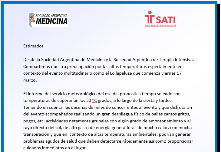 ▶️Comunicado intersocietario #UrgenciasenlaRAVE
Recomendamos a asistentes, hidratarse, comer con sal, protegerse del sol y 
🚫No consumo de #drogasrecreativas, podrían padecer #golpedecalor #hipertermiamaligna #delirioexcitatorio☠️
 #LollapaloozaAr 
 Ver bit.ly/3Jeql9j