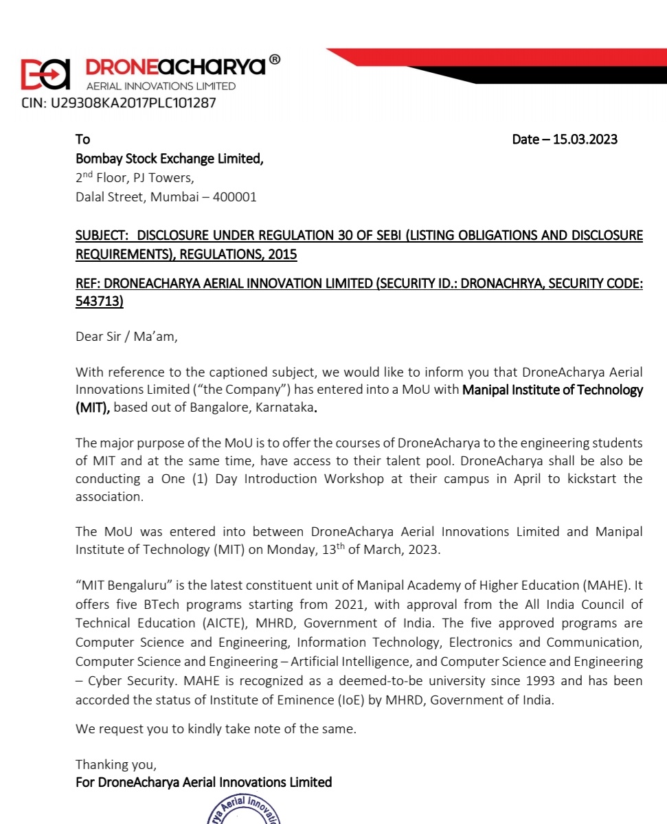 MarketVedantA's tweet image. DroneAcharya Aerial Innovations Ltd enters into MoU with Manipal Institute of Technology

#DroneAcharyaAerialInnovations #MoU #ManipalInstituteofTechnology #Bangalore #Karnataka