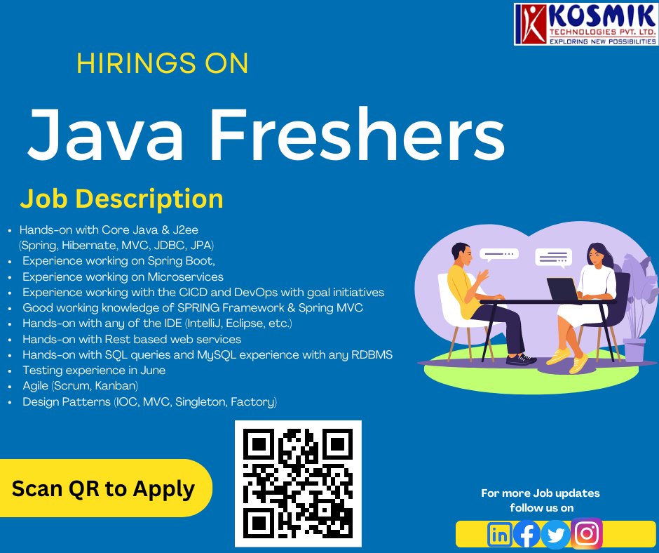 Kosmikteck's tweet photo. OPENINGS ON JAVA DEVELOPER
#openings #java #python #pythonprogramming #JAVADeveloper #itjobs #javajobs #jobsearch #pythonjobs #pythoncode
#JavaWalkin #JobSupport #JAVA #javaprogramming #javascript
#HyderabadITJobs #jobs #jobs2022 #kosmik #JobsNearMe #developerjobs https://t.co/zt2vnzAVmz