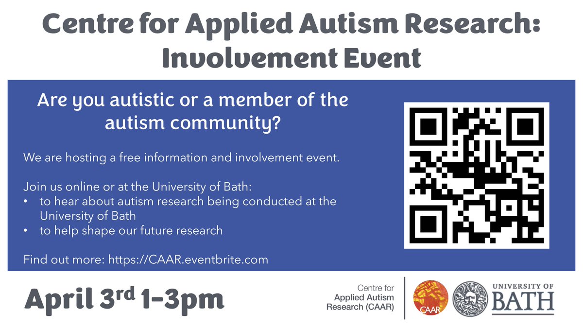 📣 Are you autistic or a member of the autism community? Join us on 3 April, 1-3 pm, at Uni of Bath! Learn about the latest research findings in autism and discuss future research directions. Register now at caar.eventbrite.com #autism #autism research @BathPsychology