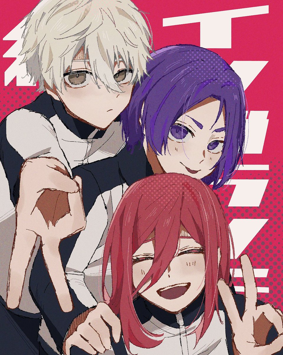 v multiple boys purple hair 2boys hair between eyes closed eyes smile  illustration images