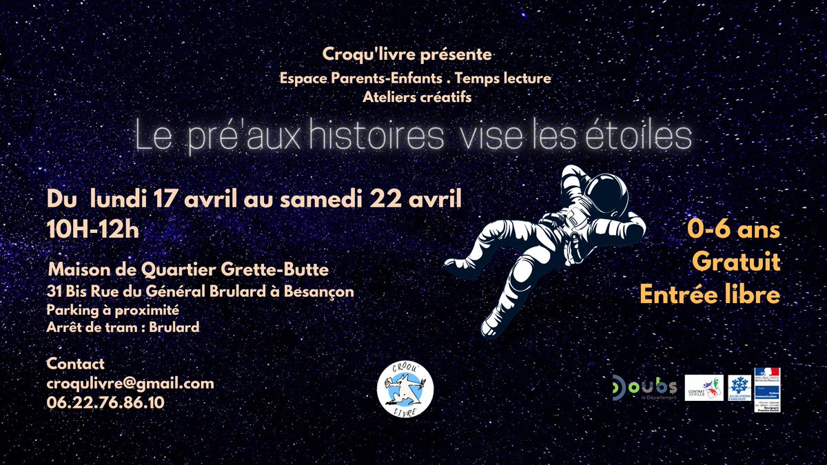 Le Pré'aux histoires revient pendant les vacances d'avril et vous emmène dans les étoiles

Retrouvez-nous du 17 avril au 22 avril, de 10h à 12h

               Au programme de cette édition

Des temps lectures
Des ateliers créatifs enfants et parents
Des paillettes, évidemment