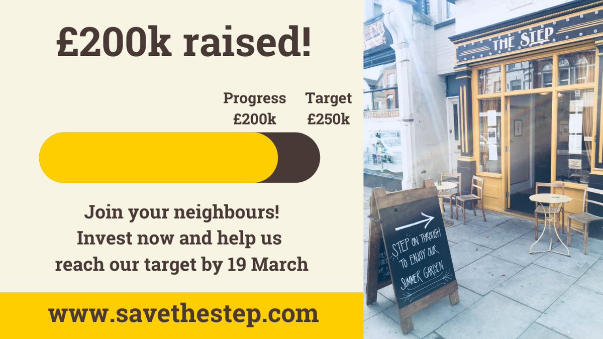 We've raised £200k! 🎉 We're now in our final week. If you're intending to invest but still have some questions, please let us know!
Please continue to share and help us reach our target 💛
#savethestep #bowespark #boundsgreen #northlondon #communitypubs #communityshares