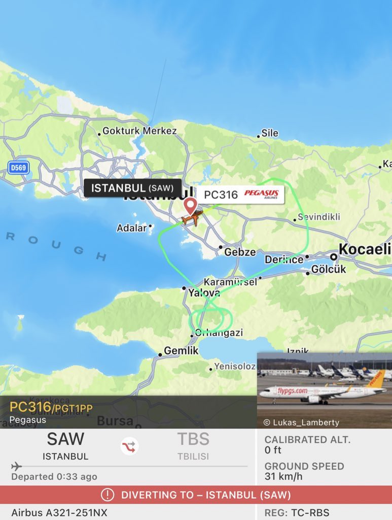 HavaSosyalMedya's tweet photo. Pegasus’un #PC316 İstanbul Sabiha Gökçen - Tiflis uçağı teknik bir sorun sebebiyle Sabiha Gökçen’e geri döndü. 
Kontroller ardından uçuş gerçekleştirilecek veya yeni bir uçak organize edilecek. 

Uçak tipi : TC-RBS tescili yakın zamanda teslim edilen Airbus A321neo https://t.co/dRp4fODKBp