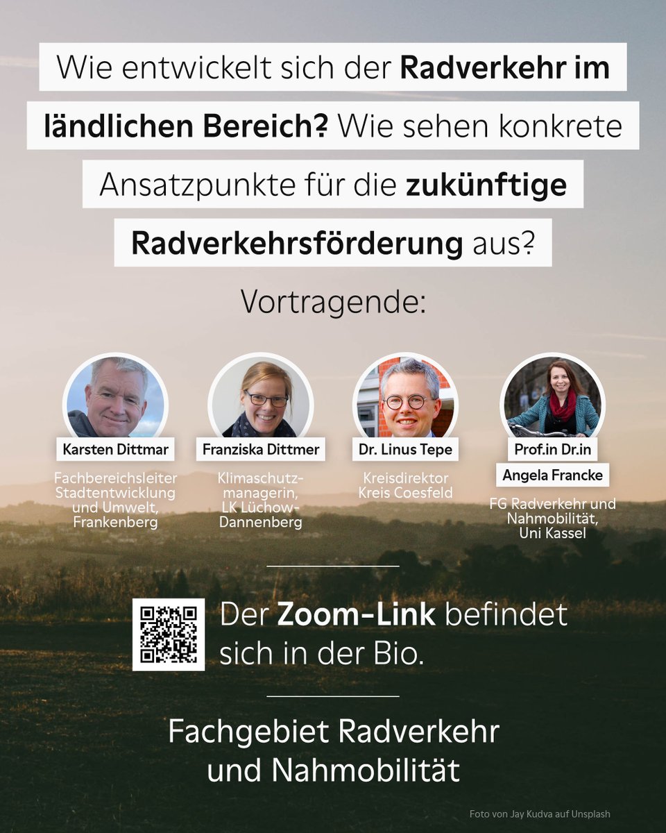 Am 21.3.23, 12:00-13:00 Uhr, veranstalten wir die #Roadshow Radverkehr der @bmdv-Stiftungssprofessuren. Unter dem Motto "Stadt. Land. Rad. Wir haben einen Plan" erfahrt Ihr mehr über #Radverkehr im ländlichen Bereich: uni-kassel.de/fb14bau/instit… Die Vortragenden findet Ihr im Thread: