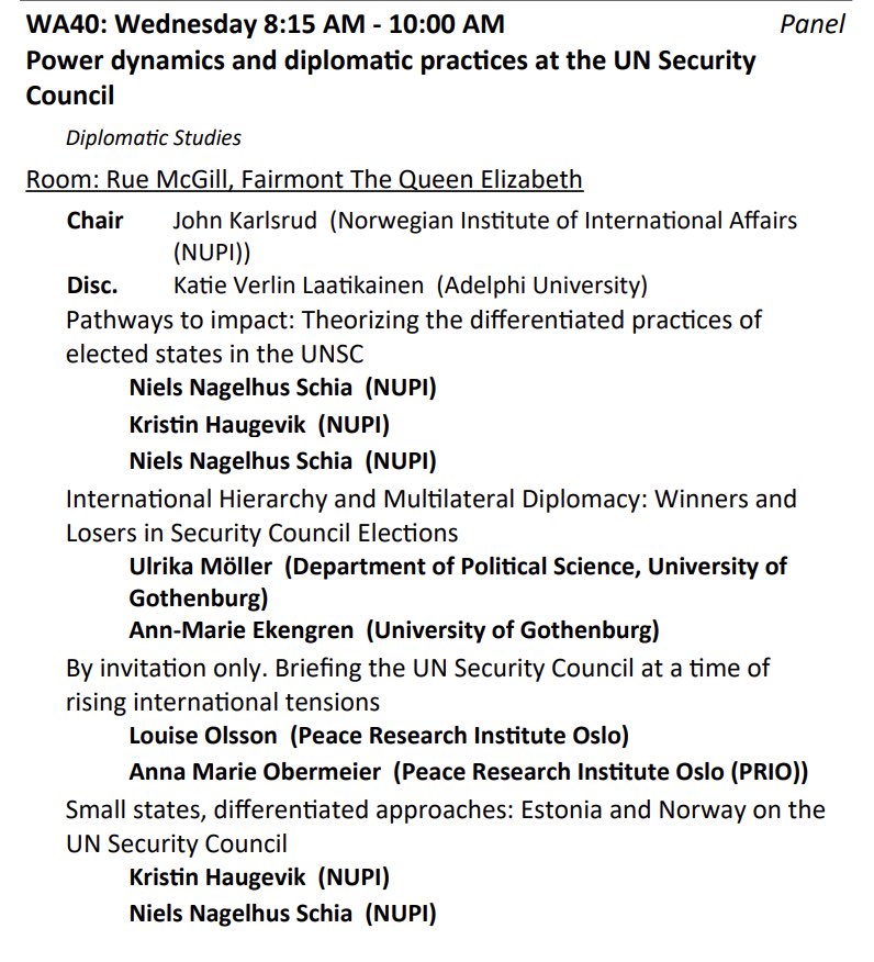 Early birds, we want you in our audience! 🦅 🕊️🦆🦜🐥🦢🐓

#ISA2023 

Join us at 8:15 📍Rue MGill Fairmont Queen Elizabeth.
#diplomacy #practices #multilateralism #gender #unsc #smallstates 

Panel WA40: Power dynamics and diplomatic practices at the UN Security Council.
