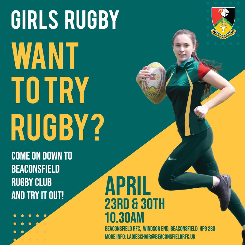 beaconsfieldrfc's tweet image. Aged from 5+ we want to get more girls into rugby! 

We are especially looking for 11 - 18 year olds, but ANY age from 5+ are welcome

👉When: 23rd &amp;amp; 30th April 
👉Where: Beaconsfield RFC, HP9 2SQ
👉Time: 10:30am - Midday
   💥All Girls Event Only💥

      👉 Please share 👈