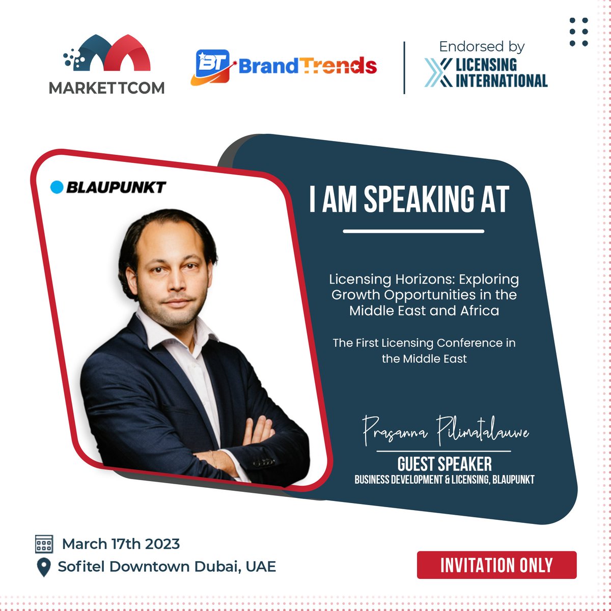 markettcom's tweet photo. Meet one of the speakers at Licensing Horizons: Exploring Growth Opportunities in the Middle East and Africa region.
Prasanna Pilimatalauwe, International Licensing and Business Development Manager at Blaupunkt GIP.
#Markettcom #licensing #privateevent #metaverse #NFTs https://t.co/VCMAN8DZ8u