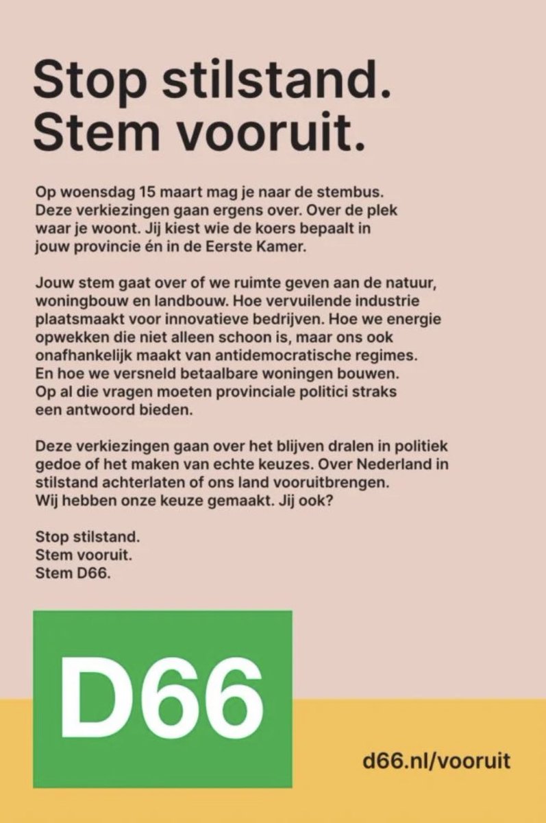 Ik wil graag progressieve politiek in Provinciale Staten gericht op vooruitgang, gezondere steden en platteland, oplossen van de stikstofcrisis, beter openbaar vervoer, een goed perspectief voor circulaire landbouw, woningbouwimpuls (liefst door inbreiding).
Ik stem dus <a href="/D66/">D66</a> 💚