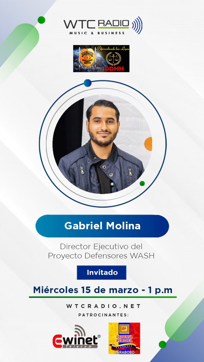 Nuestro Director Ejecutivo (<a href="/GabrielMolinaVE/">Gabriel Andrés Molina |</a>) estará en la <a href="/wtc_radio/">Radio WTC Valencia</a> a la 1PM Hora 🇻🇪 conversando sobre las iniciativas que llevamos desde #DefensoresWASH