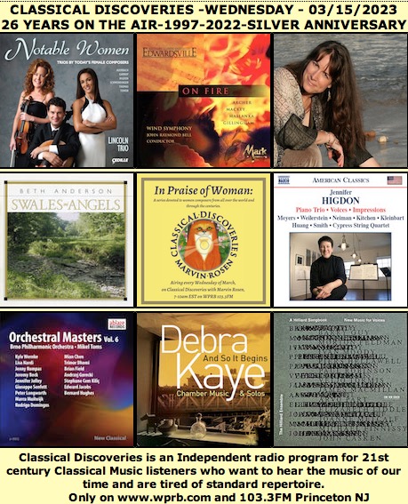 MarvinRosen's tweet photo. On The Air Now-20th Annual "IN PRAISE OF WOMAN” part 3/5 from 7-10am each Wednesday, today devoted to American #WomenComposers on 103.3FM or https://t.co/7zQgwXW63p.  @PARMARecordings @NewWorldDram @BMOPmusic  @jennjolley @alex_shapiro @BelindaComposer @joannemetcalf https://t.co/MWMg1CLLfw