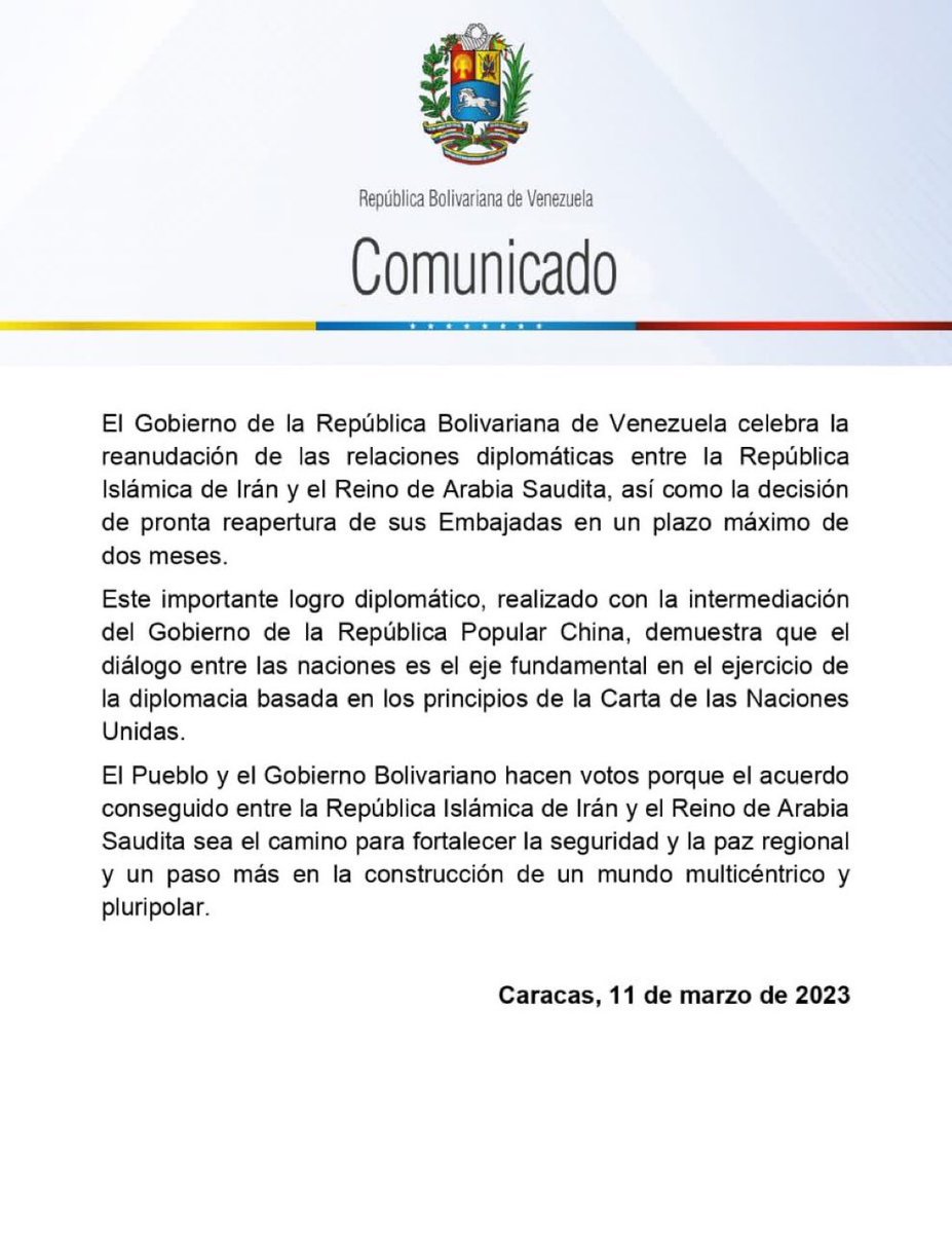 #Comunicado | Venezuela celebra reanudación de las relaciones diplomáticas entre Irán y Arabia Saudita (+Detalles) 👇

mppre.gob.ve/comunicado/ven…
#SoleimaniVive