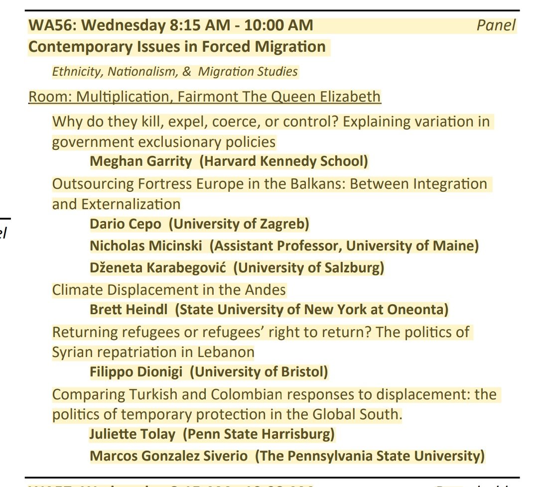 💥And so it begins💥 #ISA2023
Join us for a panel 👇 on a diverse range of views on #forceddisplacement. 
It's at 8.15 but you can bring as much coffee as you like ☕🙂.
@mmgarrity @_ENMISA @CepoDario @nickmicinski @dzenetakarabeg  @juliettetolay Brett Heindl and M.G. Siverio
