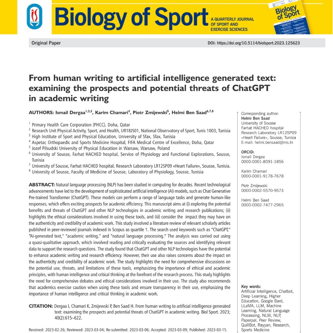🆕Worth-reading 🚨: From human writing to artificial intelligence generated text: examining the prospects and potential threats of #ChatGPT in academic writing
✍️@Idergaa <a href="/ProfChamari/">Karim Chamari</a> <a href="/ZmijewskiPiotr/">Piotr Zmijewski</a> <a href="/HHHMMBENSAAD/">Helmi BEN SAAD</a> 

🔓#OpenAccess🔗termedia.pl/From-human-wri…

#AI #chatbot #NLP #LLaMA