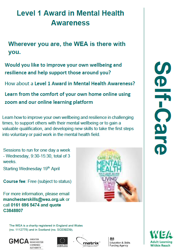 We have an online L1 Award In Mental Health Awareness course starting on 1st March 2023 Learn how to improve your own wellbeing and those around you For more details please contact our Manchester office on 0161 696 5474 manchesterskills@wea.org.uk ref C3848807 #learnfromhome