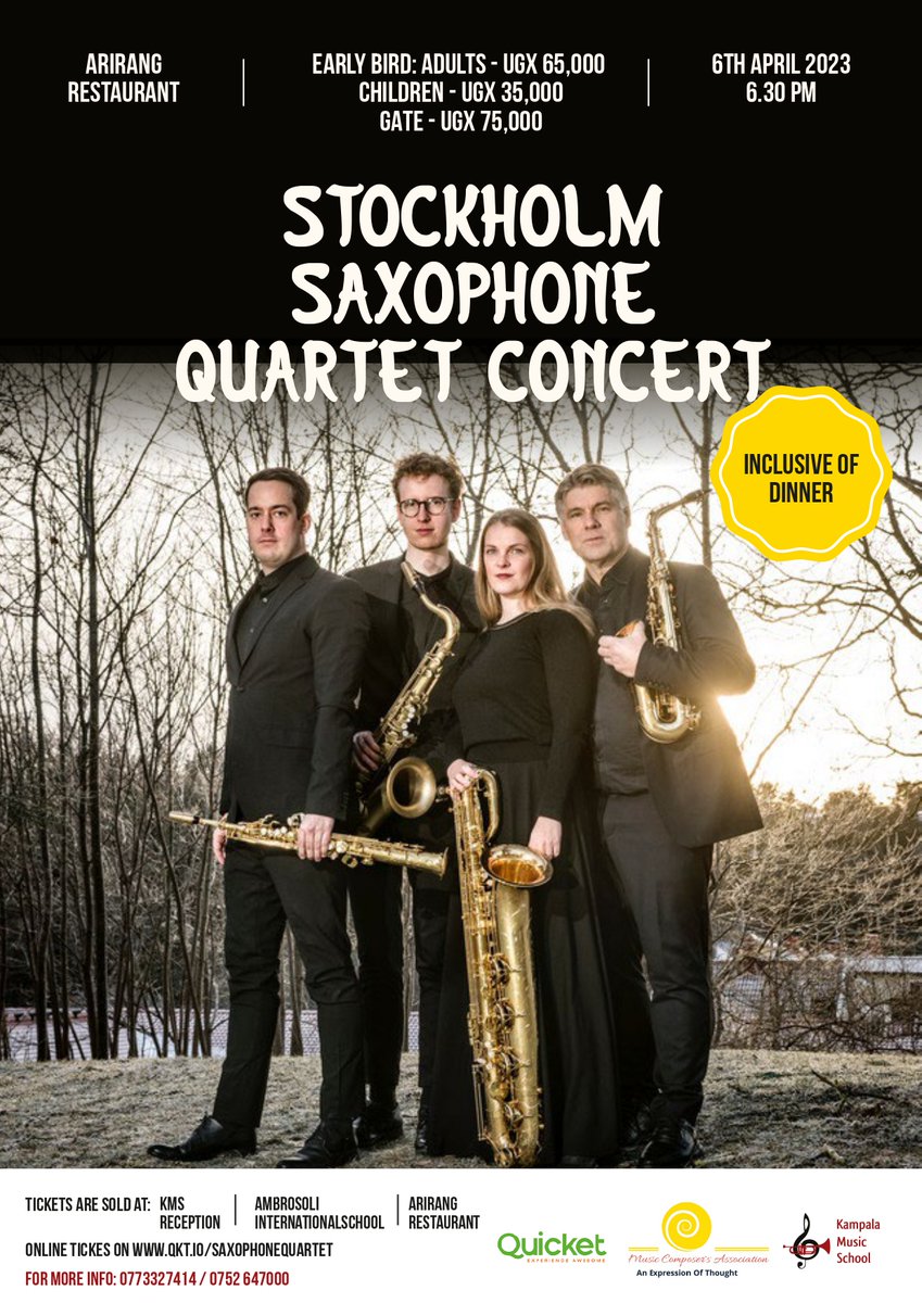 The Art Music Composer's Association collaborates with KMS to bring you the Stockholm Saxophone Quartet! Founded in 2022, they're dedicated to promoting new Ugandan art music and fostering global links. Tickets: qkt.io/SaxophoneQuart…