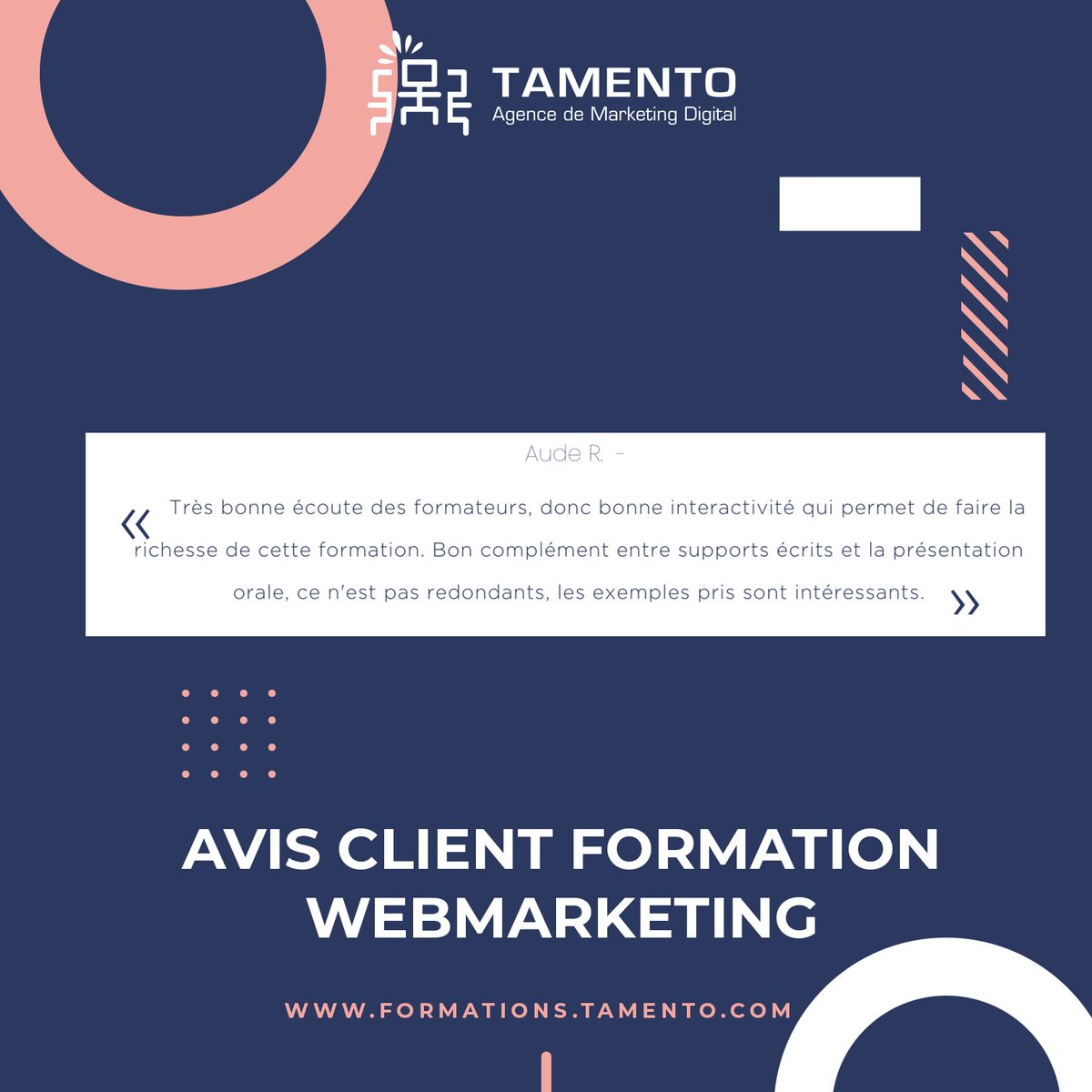 Aujourd’hui, c’est VOUS que nous mettons en avant ! ☀️Qui d'autres que vous pour parler de nos formations ?

Merci de prendre le temps de rédiger ses commentaires, vos avis sont importants! 😻

Découvrez nos formations : formations.tamento.com/?utm_source=Tw…

#avisclients #Qualiopi #formation