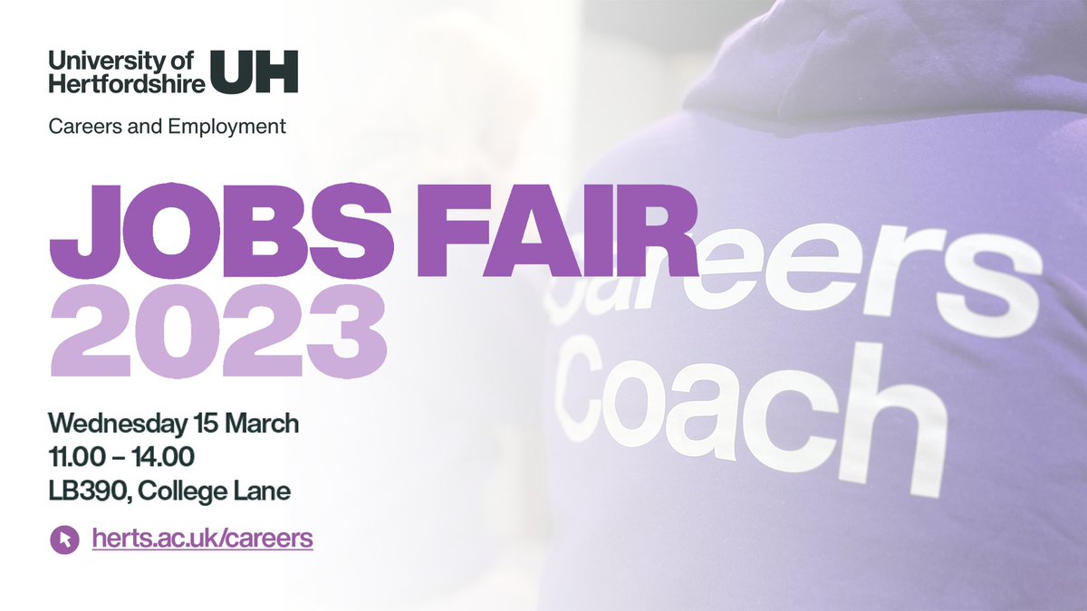 Uni of Hertfordshire - Careers & Employment (@uniofhertsce) on Twitter photo Our 2023 Jobs Fair is here! We have 30 employers on campus ready to speak with <a href="/uniofherts/">University of Hertfordshire</a> students and graduates.
The fair will start at 11.00 and finish at 14.00.
If you have any questions, look out for our Careers Coaches wearing purple hoodies.
herts.joinhandshake.co.uk/career_fairs/3… Our 2023 Jobs Fair is here! We have 30 employers on campus ready to speak with <a href="/uniofherts/">University of Hertfordshire</a> students and graduates.
The fair will start at 11.00 and finish at 14.00.
If you have any questions, look out for our Careers Coaches wearing purple hoodies.
herts.joinhandshake.co.uk/career_fairs/3…