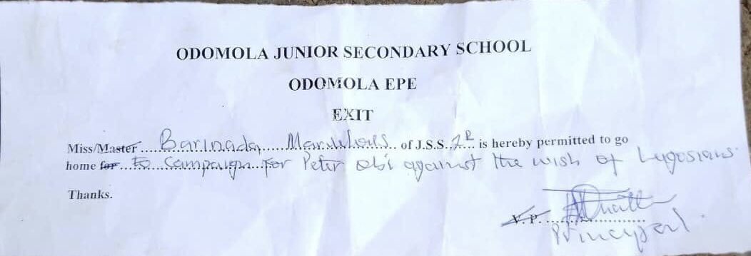 @ Joy Abang on Facebook Cries out!
This is to inform you all, that my Daughter Marvelous Barinaadaa, was Exit from Odomola Secondary school today 14th March,2023 by the school Principal, just because my daughter use Peter Obi poster paper to rap her book.