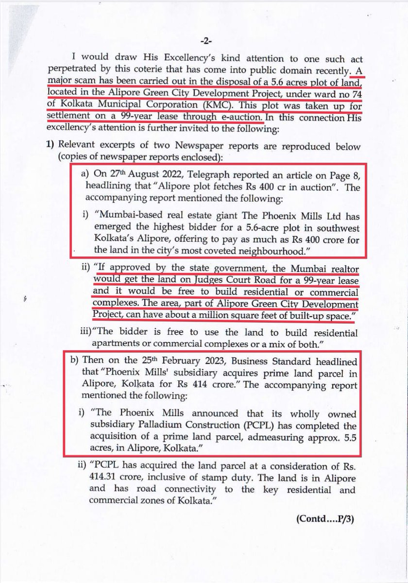 SuvenduWB's tweet photo. I've urged Hon'ble Governor to inquire into a major scam wherein 5.6 acres of land belonging to Correctional Administration Dept at Alipore is being disposed of, at undervalued rate under the Alipore Green City Development Project causing a loss of ₹876 Crores to the exchequer:- https://t.co/8QdJIMYvsk
