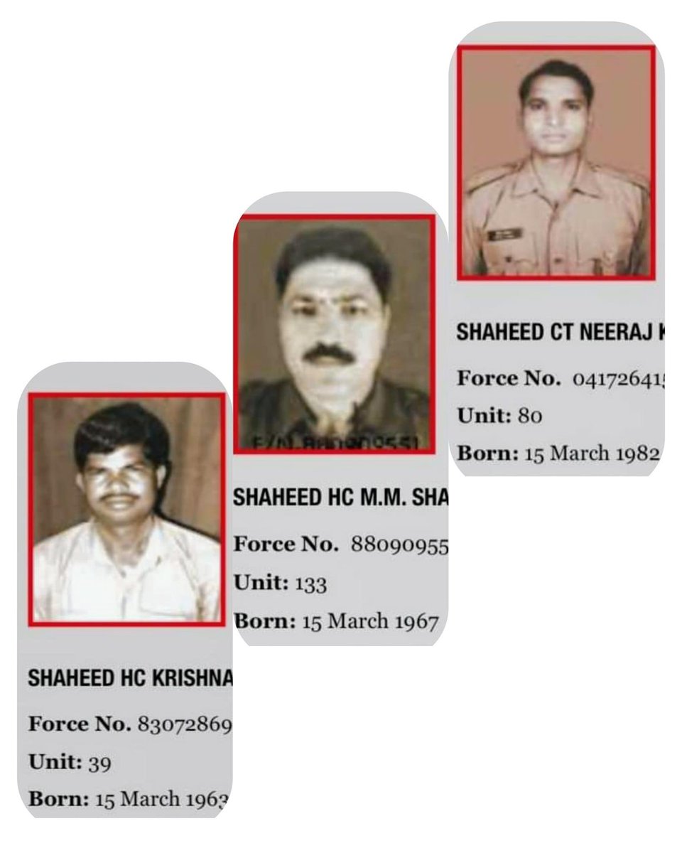 priority_n's tweet photo. Born on Same Day different yrs
Daunted Uniform of @crpfindia
Shared Cause Service before Self
Bothers in Arms Immortalized for us.
Happy Birthday Heroes
HC KRISHNA PAL #39BN
HC M.M.SHARMA #133BN
CT NEERAJ KUMAR #80BN
Sacrificed in 2004, 2009, 2014 respectively.
#KnowYourHeroes https://t.co/13wH7Ih7Xa