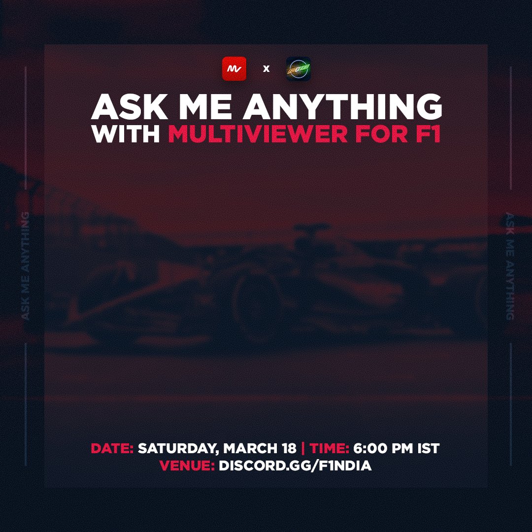 F1ndia_HOF's tweet photo. Live AskmeAnything with
@f1multiviewer
on 18th March 6 PM ist
Share questions using #AskMuVi
AMA live in discord server https://t.co/c46cZuj3n6
#F1 #MultiViewer #F1tvpro #F1tv https://t.co/kNWwjTwkat