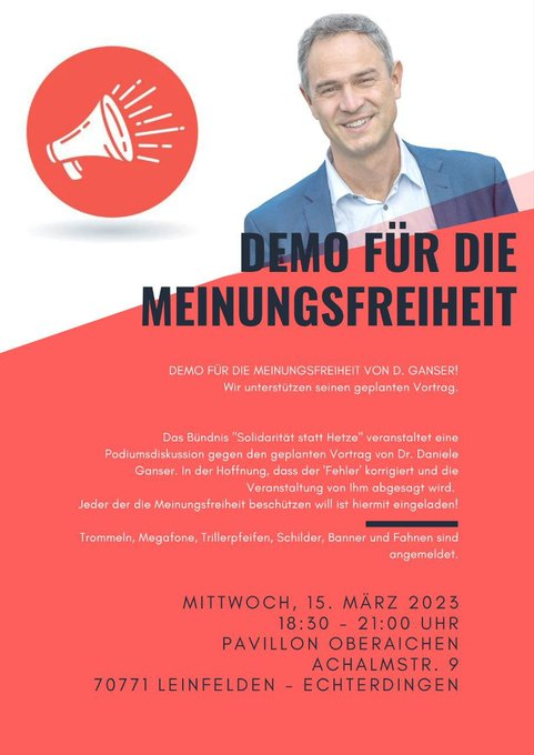 MartinBW15's tweet photo. π¨ #DEMO FΓR DIE #MEINUNGSFREIHEIT VON HERR GANSER! π¨
Mittwoch, 15. MΓ€rz 2023
18:30 - 21:00 Uhr
Pavillon Oberaichen
Achalmstr. 9
70771 #Leinfelden - #Echterdingen bei #Stuttgart
#Frieden #ΠΌΠΈΡ #peace
#FriedenSchaffenOhneWaffen
#ΠΠ°ΠΊΠ»ΡΡΠΈΡΡΠΌΠΈΡΠΠΠΠΎΡΡΠΆΠΈΡ
#PeaceWITHOUTWeapons https://t.co/vNPv8d7TZE