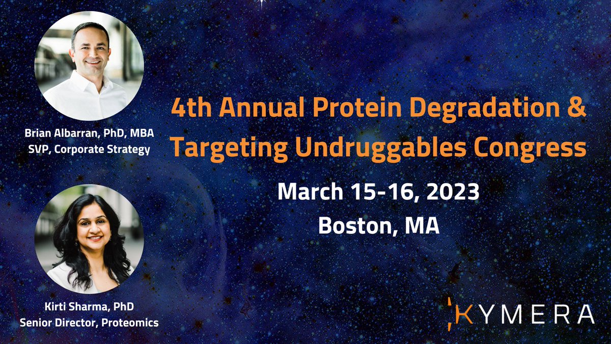 KymeraTx's tweet photo. This week at the Protein Degradation &amp; Targeting Undruggables Congress, our team will be moderating expert panels covering the current landscape of #TPD, expanding the disease scope beyond oncology, and how specific #ligases open up novel #therapeutic opportunities. https://t.co/wOh0YnJSJ0