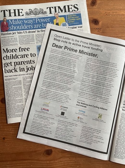 APPGCW's tweet photo. The Walking and Cycling Alliance have written to the Prime Minister about last week's cuts to the active travel budget. They have taken out a full page advert in The Times today, with the letter. https://t.co/fVKcWjvPMd