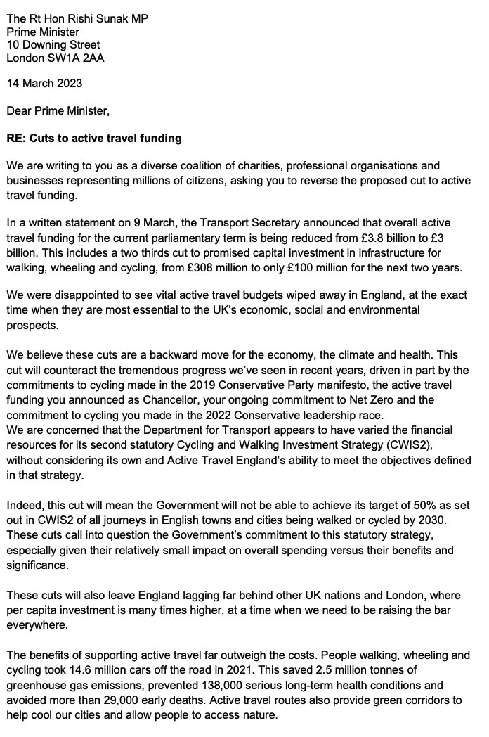 APPGCW's tweet photo. The Walking and Cycling Alliance have written to the Prime Minister about last week's cuts to the active travel budget. They have taken out a full page advert in The Times today, with the letter. https://t.co/fVKcWjvPMd