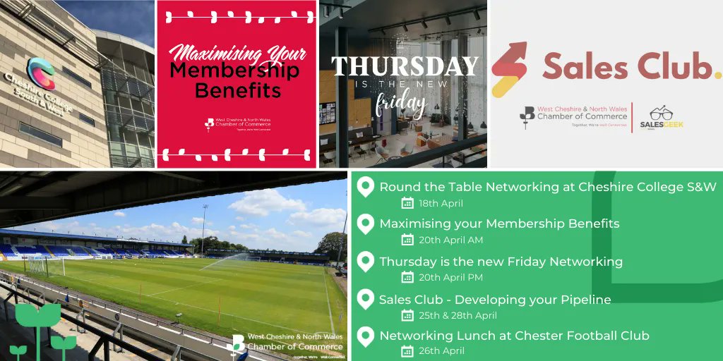 We have some great events coming up in April!

18th: Round the Table Networking at @CheshireCollegeSW🗣
 
20th PM: Thursday is the new Friday Networking!🥂

25th/28th: Sales Club!📈

26th: Networking Lunch at <a href="/ChesterFC/">Chester FC</a>⚽

Find out more 👉 buff.ly/3mTFCEK