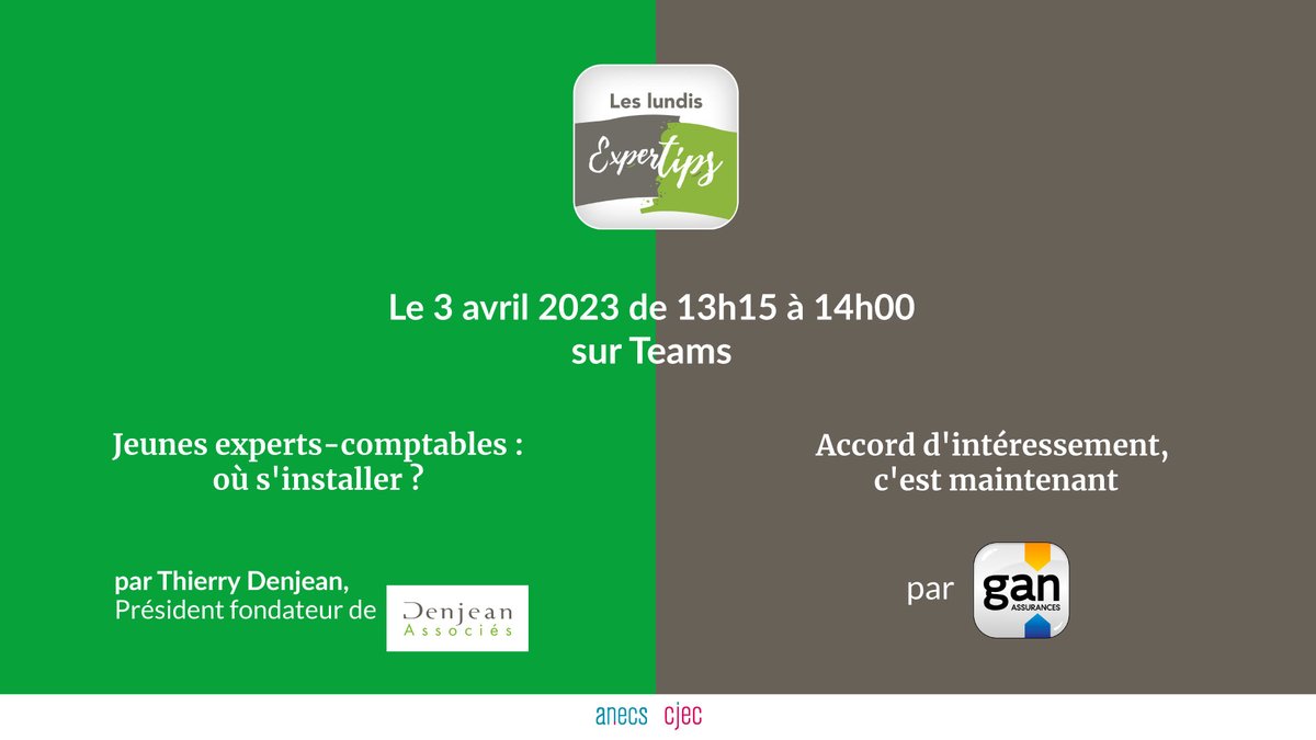 CarineGil1's tweet photo. Le printemps revient #Expertip aussi 😉! lundi 3 avril 13h15
 Le rdv des jeunes pros du #chiffre; partenariat @Gan_Assurances @DenjeanAssocies @ANECSnational @CJECnational #accordintéressement #installation
lien : https://t.co/c0hTYLpaim
 @AlexandreM012 @JPC_harp @nicolaspoussy https://t.co/jjow1XN9Sy