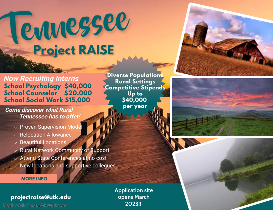 Tennessee is seeking a cohort of up to 70 interns in the areas of school psychology, school counseling, and school social work for the 2023-24 school year.  The Project RAISE Intern Application is now open! Apply here cvent.me/ZLGAgE