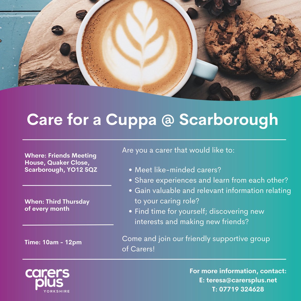 Join us tomorrow for Care for a Cuppa @ Scarborough, which is being held at a NEW location from this month forward! It will be held at the Friends Meeting House, Quaker Close, Scarborough! ☕
#wecare #scarborough #carersuk