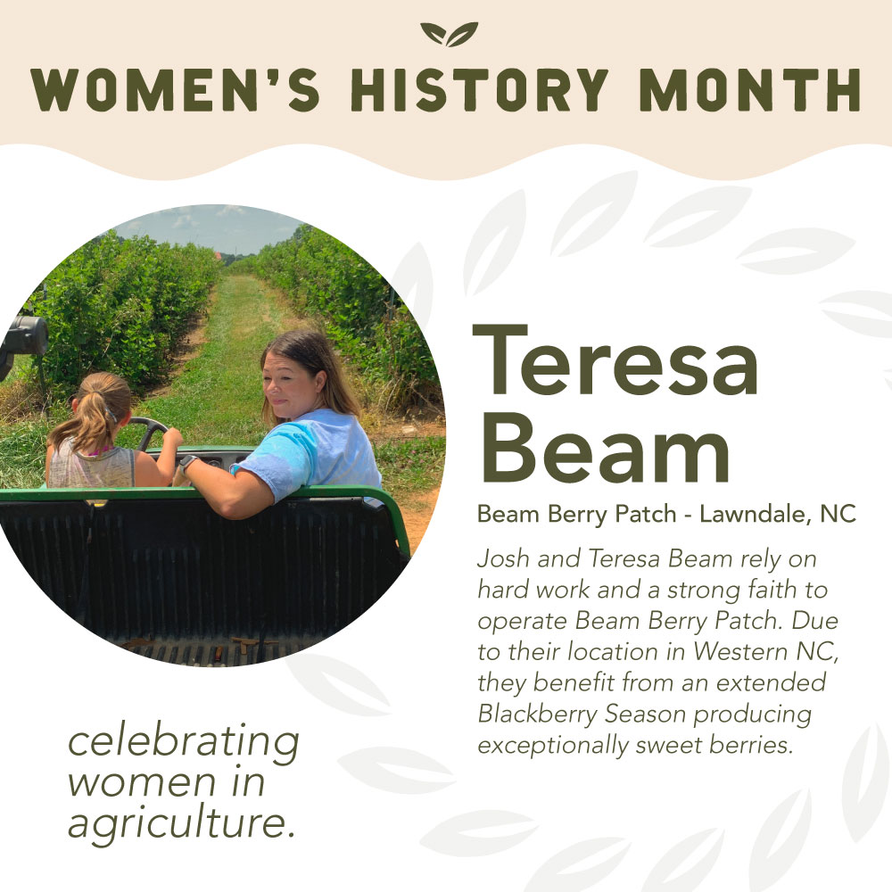 March is Women's History Month and the perfect time to celebrate women in agriculture! 🌿 Learn a bit more about Teresa Beam of Beam Berry Patch in Lawndale, North Carolina. 🌳 ow.ly/MWVN50NimrQ #womenshistorymonth #march #beamberrypatch #agriculture #cpg #blackberries