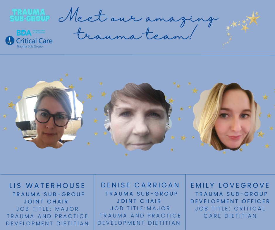 Meet the new team!
Excited to work alongside <a href="/BDACriticalCare/">Critical Care Specialist Group of @BDA_Dietitians</a> as an open forum for Dietitians working in or interested in Major Trauma / Neuro Trauma.