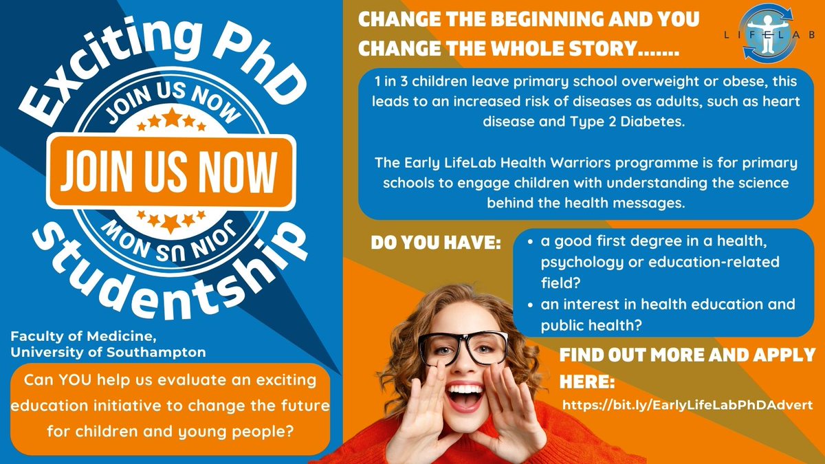 🚨 We're recruiting for a PhD Studentship 🚨

Do you have a keen interest in health education and public health and strong interpersonal, communication, networking and relationship-building skills? 

If so, apply today! bit.ly/EarlyLifeLabPh…

<a href="/UoS_Medicine/">Southampton Medicine</a>