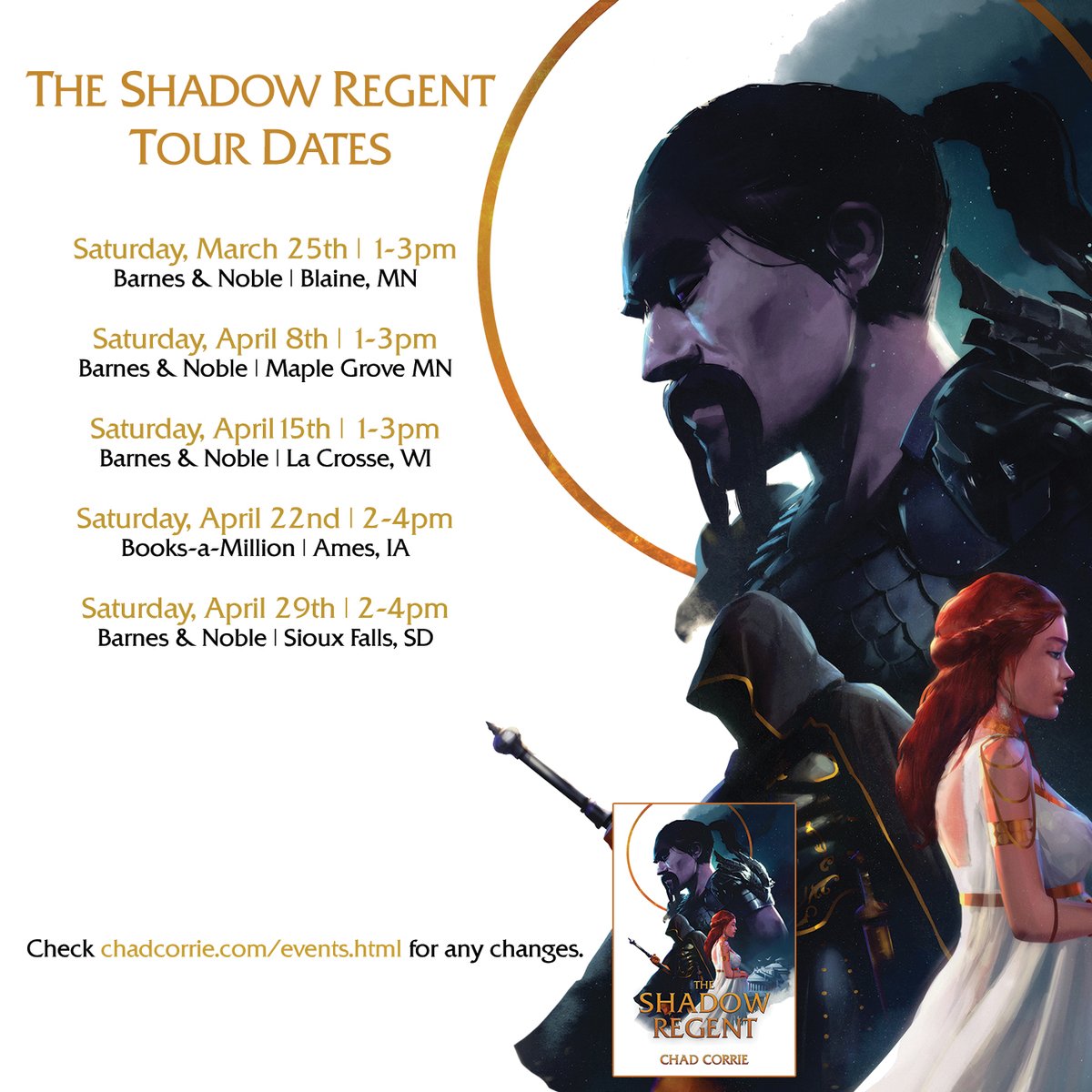CreatorChad's tweet image. With just six days until The Shadow Regent's release, I wanted to repost the tour schedule. Head to the website: chadcorrie.com/events.html for all the details. 

Looking forward to signing books and meeting new and old readers soon!

@DarkHorseComics @BNBuzz @booksamillion