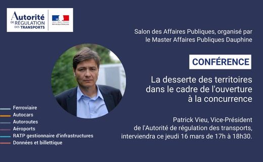 [ #Mobilité ] <a href="/patrickvieu10/">Patrick VIEU</a>, vice-président de l'<a href="/ART_transports/">Autorité de régulation des transports</a>  interviendra, ce jeudi 16 mars, à la conférence « Mobilités &amp; Infrastructures », dans le cadre du Salon des Affaires Publiques, organisé par le Master Affaires Publiques Dauphine.

#territoire #concurrence