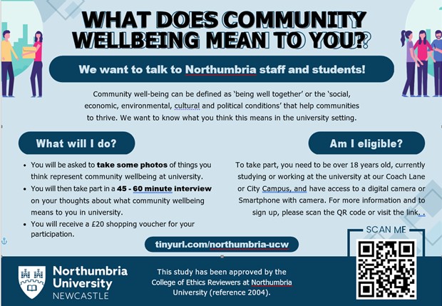 Are you studying at Northumbria Uni? We are looking for your @NUstudents views on community well-being in the university. For further info, see the image below - or you can go direct to tinyurl.com/northumbria-ucw 

#takeontomorrow